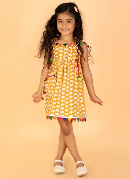 Mustard Colour KID1 Pancham lace Fancy Wear frock with potli bag Girls Collection K22F193MSO
